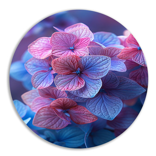 Close-up van roze en blauwe hortensia bloemen aluminium muurcirkel
