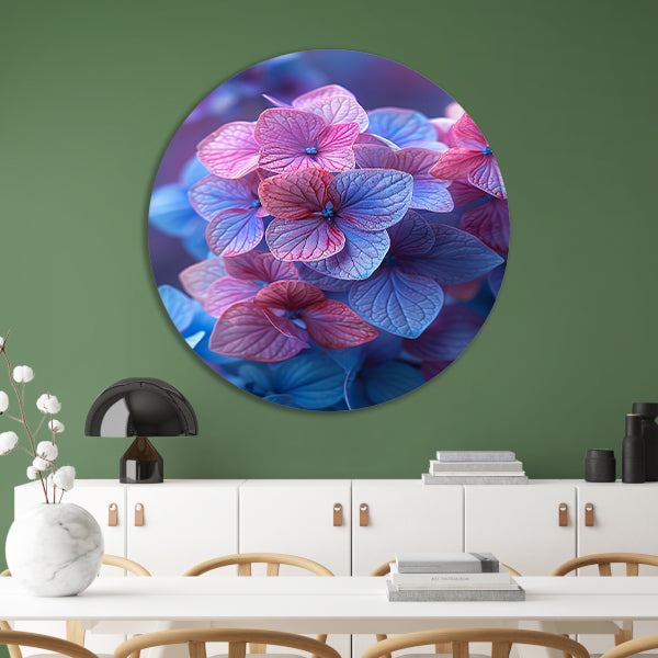 Close-up van roze en blauwe hortensia bloemen aluminium muurcirkel
