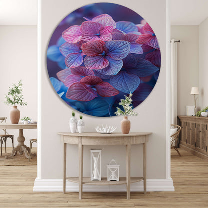 Close-up van roze en blauwe hortensia bloemen aluminium muurcirkel