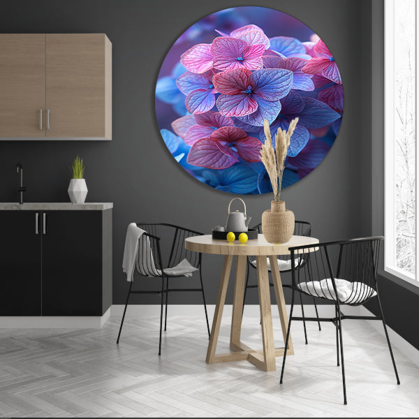 Close-up van roze en blauwe hortensia bloemen aluminium muurcirkel