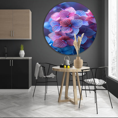 Close-up van roze en blauwe hortensia bloemen aluminium muurcirkel