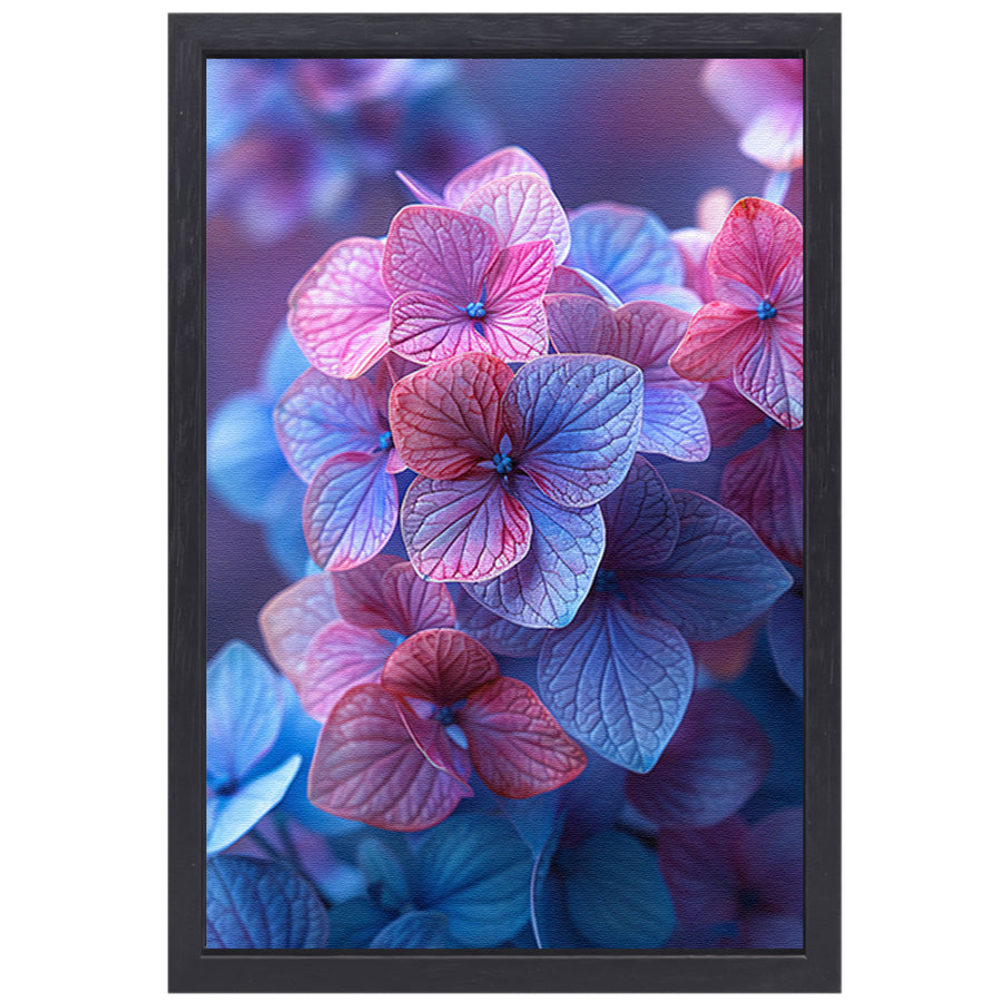 Close-up van roze en blauwe hortensia bloemen canvas met baklijst