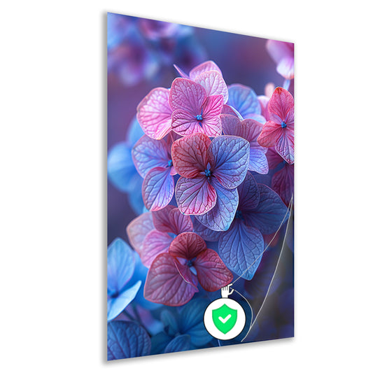 Close-up van roze en blauwe hortensia bloemen poster