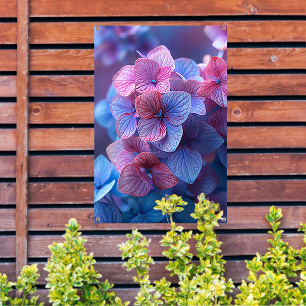 Close-up van roze en blauwe hortensia bloemen tuinposter