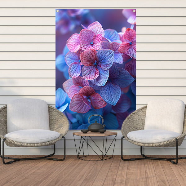Close-up van roze en blauwe hortensia bloemen tuinposter