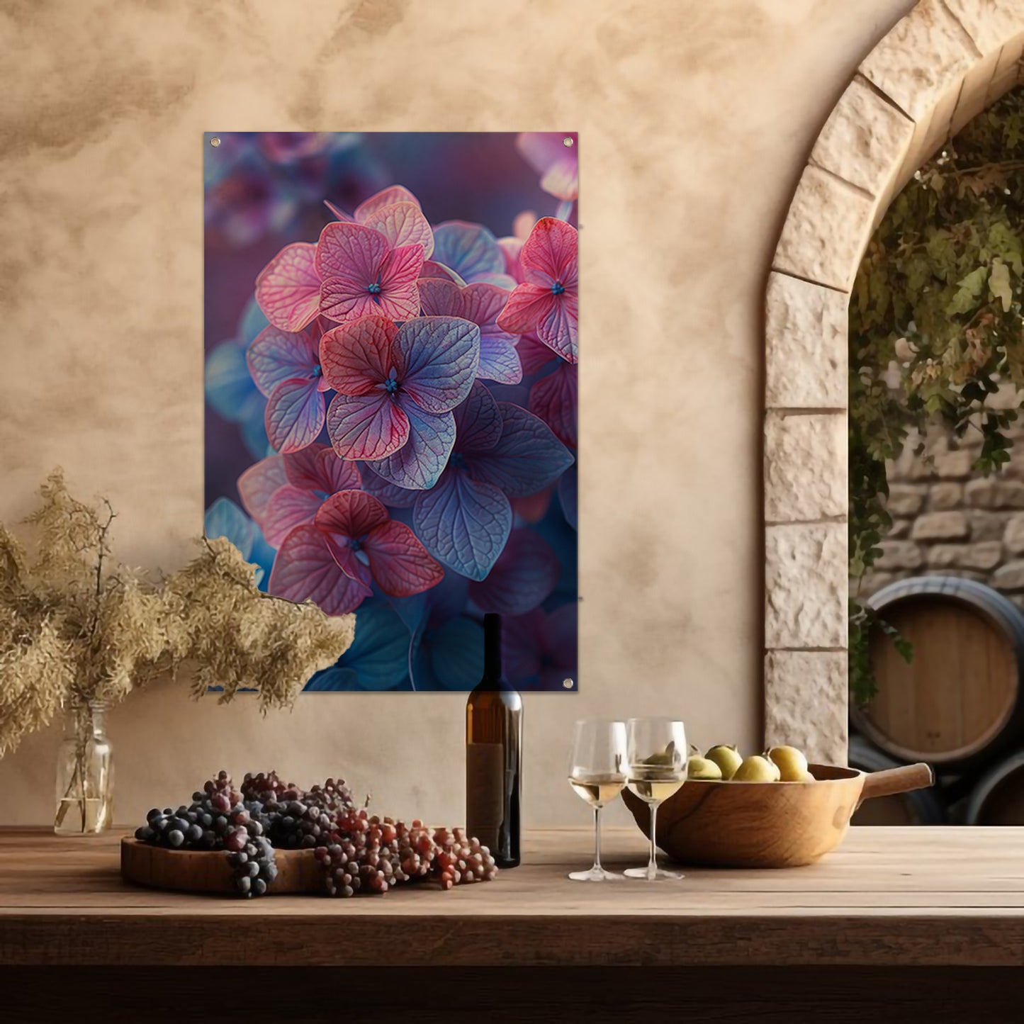 Close-up van roze en blauwe hortensia bloemen tuinposter