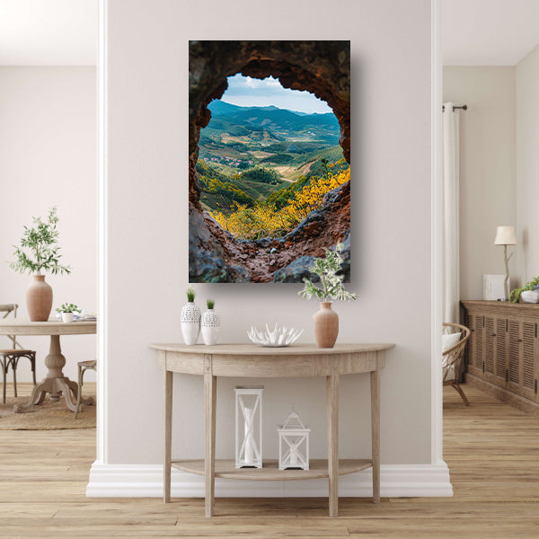 Uitkijk op een Berglandschap door een Stenen Venster poster