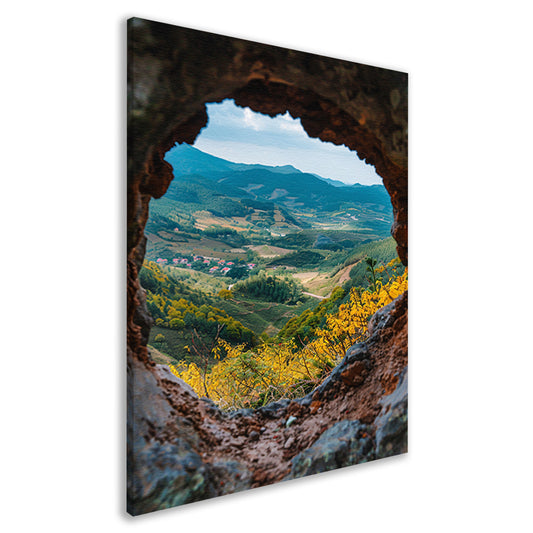 Uitkijk op een Berglandschap door een Stenen Venster canvas