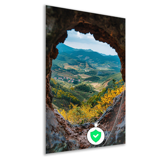 Uitkijk op een Berglandschap door een Stenen Venster poster