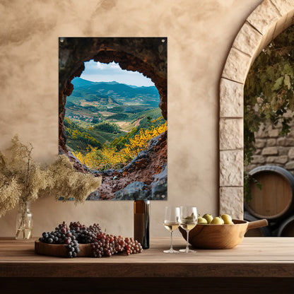 Uitkijk op een Berglandschap door een Stenen Venster tuinposter