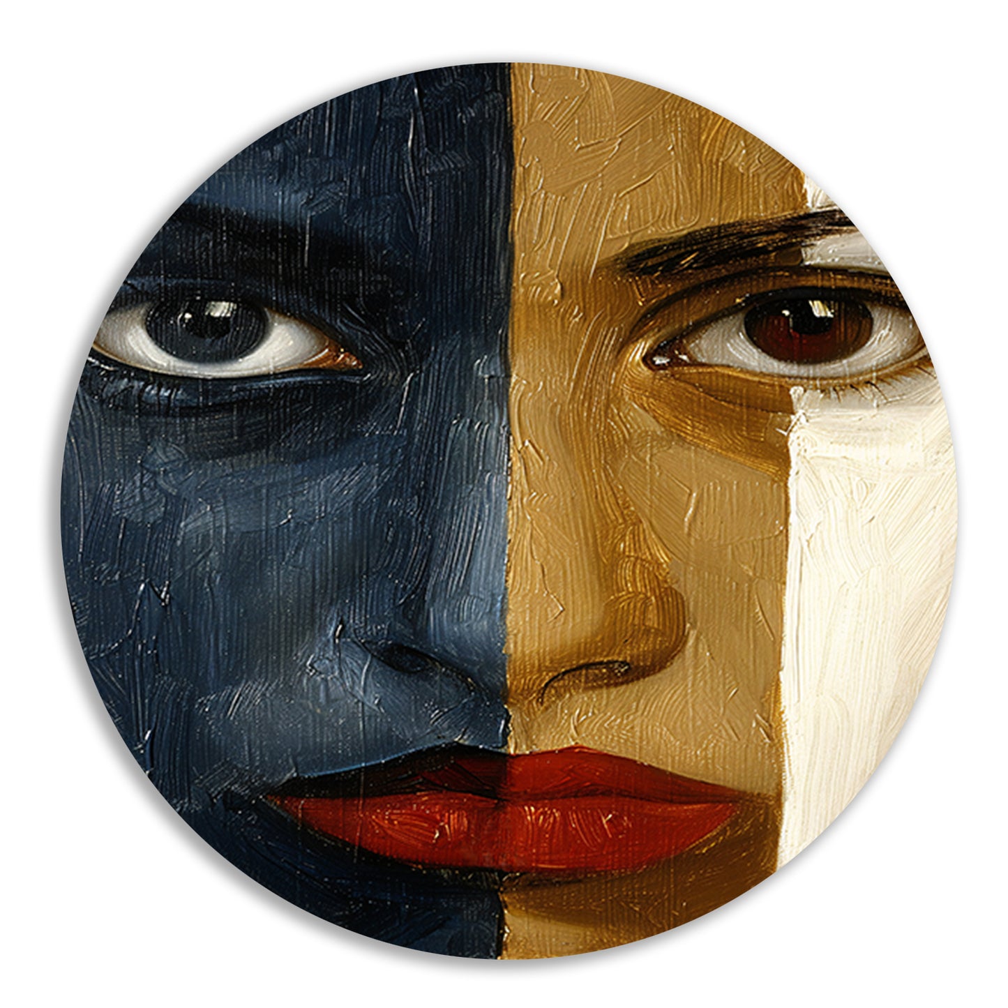 Abstract portret met sterke contrasten aluminium muurcirkel