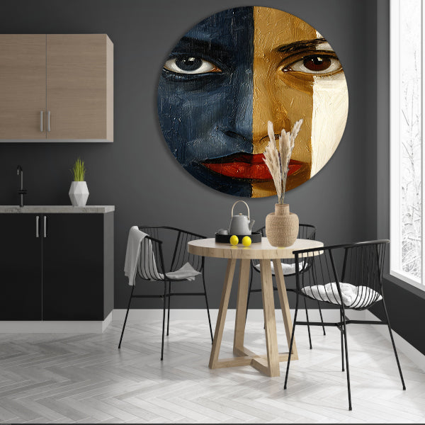 Abstract portret met sterke contrasten aluminium muurcirkel