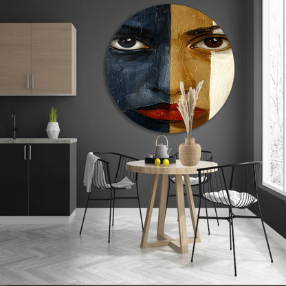 Abstract portret met sterke contrasten aluminium muurcirkel