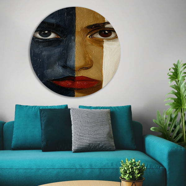 Abstract portret met sterke contrasten aluminium muurcirkel