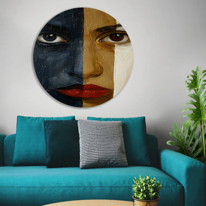Abstract portret met sterke contrasten aluminium muurcirkel