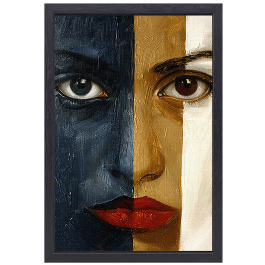 Abstract portret met sterke contrasten canvas met baklijst