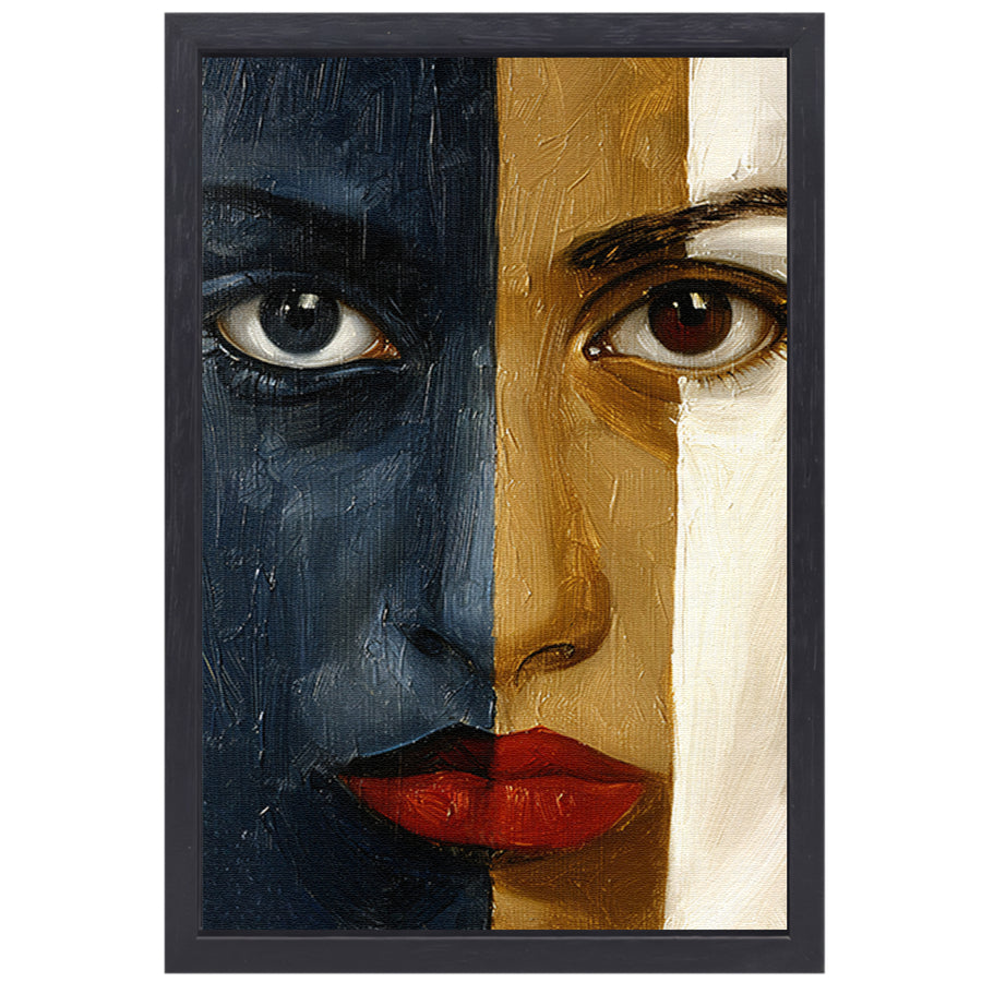 Abstract portret met sterke contrasten canvas met baklijst
