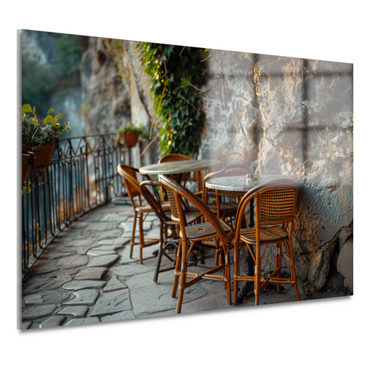 Rustiek Terras met Bistrostoelen bij Schemer acrylglas