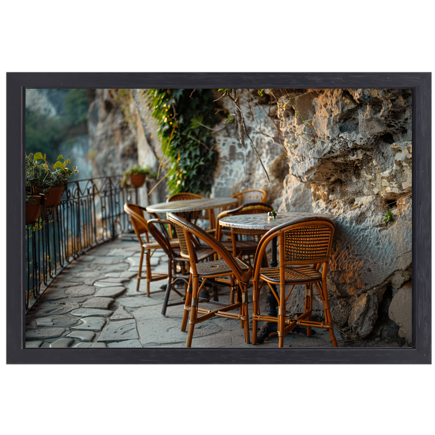 Rustiek Terras met Bistrostoelen bij Schemer canvas met baklijst