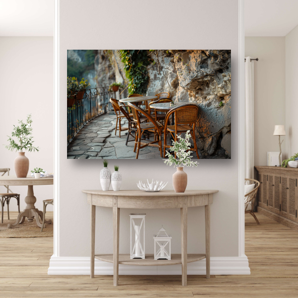 Rustiek Terras met Bistrostoelen bij Schemer canvas met baklijst