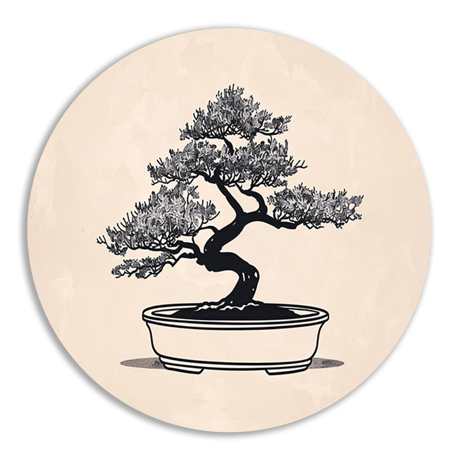Minimalistische Bonsai Kunst in Zwart-Wit aluminium muurcirkel