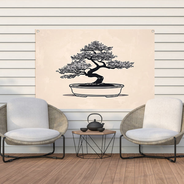 Minimalistische Bonsai Kunst in Zwart-Wit tuinposter