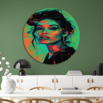 Kleurrijk en dynamisch digitaal portret van vrouw aluminium muurcirkel