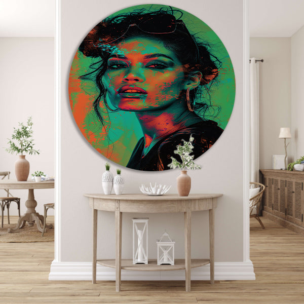 Kleurrijk en dynamisch digitaal portret van vrouw aluminium muurcirkel
