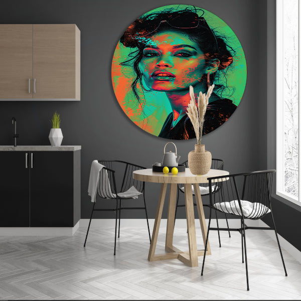Kleurrijk en dynamisch digitaal portret van vrouw aluminium muurcirkel