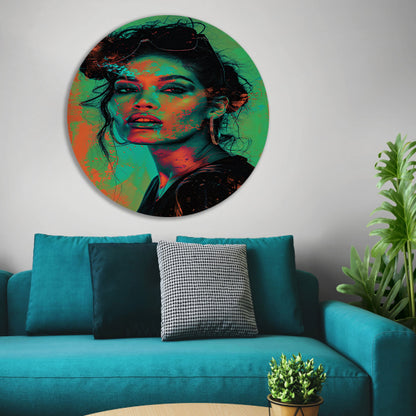 Kleurrijk en dynamisch digitaal portret van vrouw aluminium muurcirkel