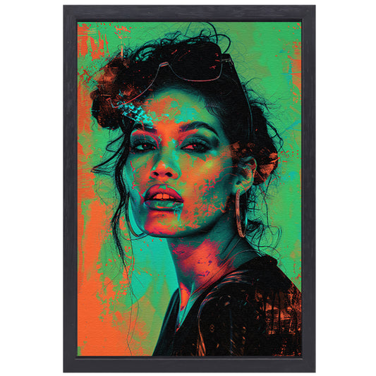 Kleurrijk en dynamisch digitaal portret van vrouw canvas met baklijst