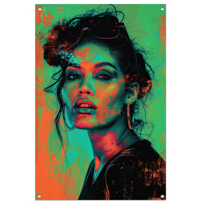 Kleurrijk en dynamisch digitaal portret van vrouw tuinposter