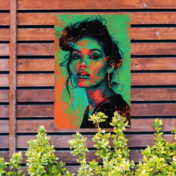 Kleurrijk en dynamisch digitaal portret van vrouw tuinposter