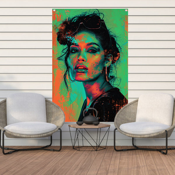 Kleurrijk en dynamisch digitaal portret van vrouw tuinposter