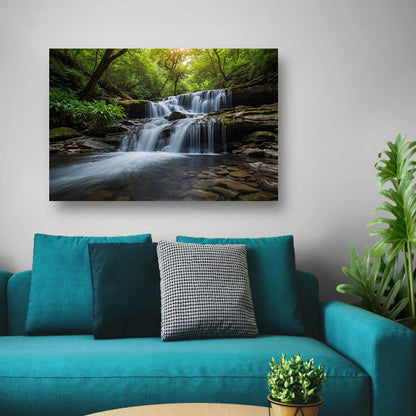 Serene waterval in weelderig groen bos poster