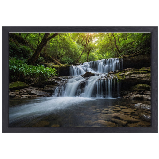 Serene waterval in weelderig groen bos canvas met baklijst