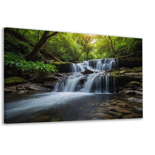 Serene waterval in weelderig groen bos canvas