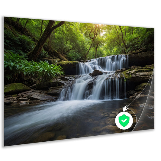 Serene waterval in weelderig groen bos poster