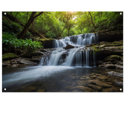 Serene waterval in weelderig groen bos tuinposter