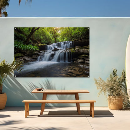 Serene waterval in weelderig groen bos tuinposter