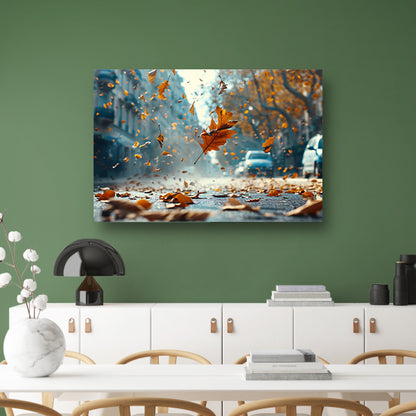 Herfstbladeren in stadsstraat canvas met baklijst