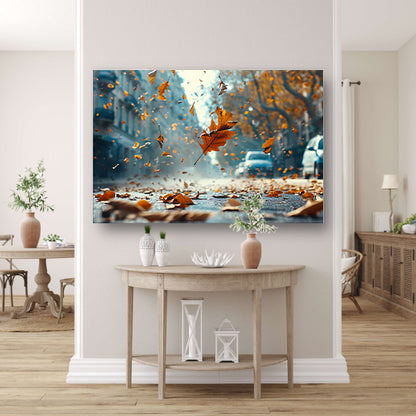 Herfstbladeren in stadsstraat canvas met baklijst