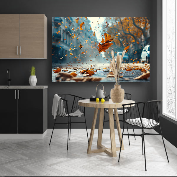 Herfstbladeren in stadsstraat canvas met baklijst