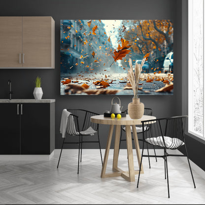 Herfstbladeren in stadsstraat canvas met baklijst