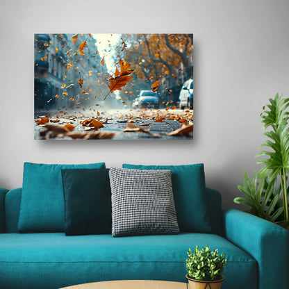 Herfstbladeren in stadsstraat canvas met baklijst