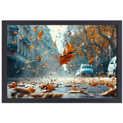 Herfstbladeren in stadsstraat canvas met baklijst