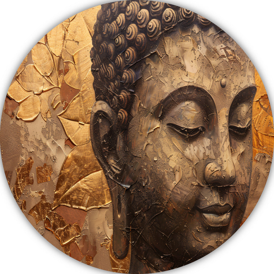 Abstracte Boeddha met serene blik en gouden bladeren aluminium muurcirkel