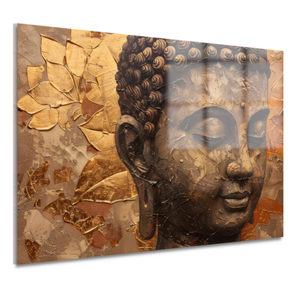 Abstracte Boeddha met serene blik en gouden bladeren acrylglas