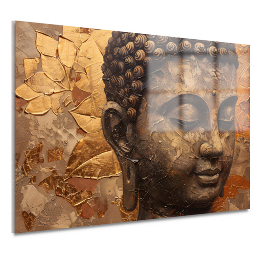 Abstracte Boeddha met serene blik en gouden bladeren acrylglas