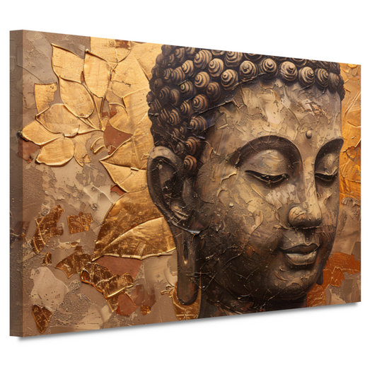 Abstracte Boeddha met serene blik en gouden bladeren canvas